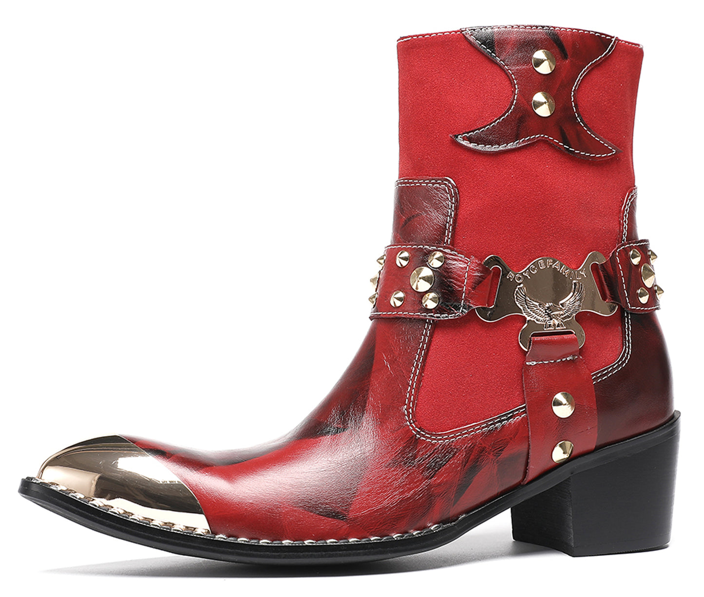 Mens Top-Grain Leather Studded Skull Buckle Punk Cowboy Western Boots