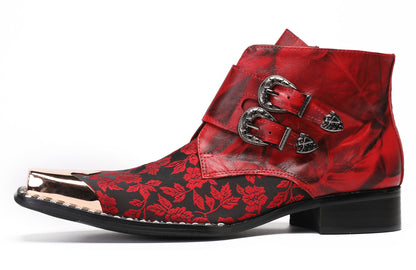 Mens Party Red Dress Metal Square Toe Floral Buckle Western Boots