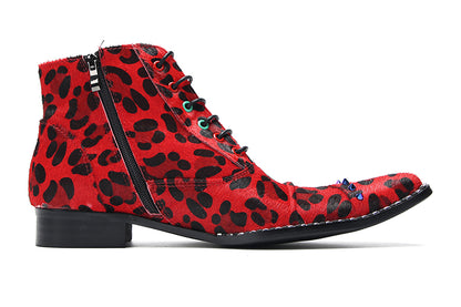 Mens Suede Red Leopard Prin Studded Ankle Western Oxfords Boots