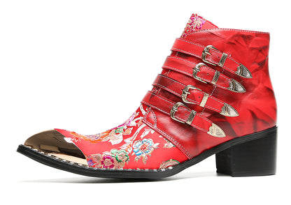 Mens Buckle Strap Floral Embroidery Cowboy Western Boots