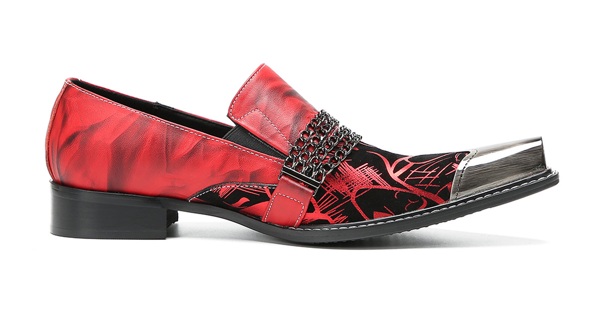 Mens Metal Pointed Cap Chain Decor Slip-On Dress Western Loafers