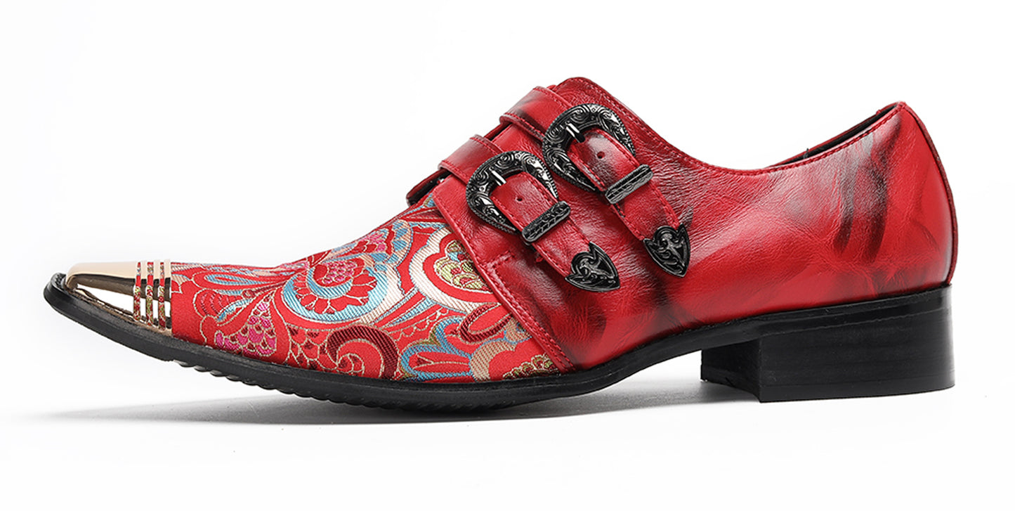 Mens Metal Toe Cap Floral Embroidered Monk Strap Buckle Western Loafers