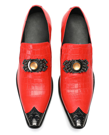 Mens Top-Grain Leather Handmade Croc-Embossed Red Western Loafers