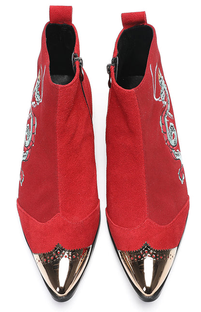 Mens Red Suede Dragon Embroidered Ankle Cowboy Western Boots