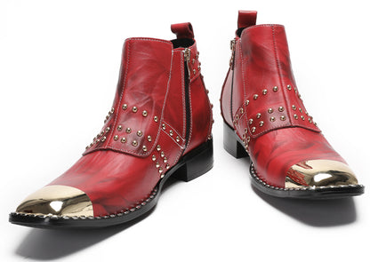 Mens Casual Dress Red Gold Tiger Head Metal Square Toe Western Boots