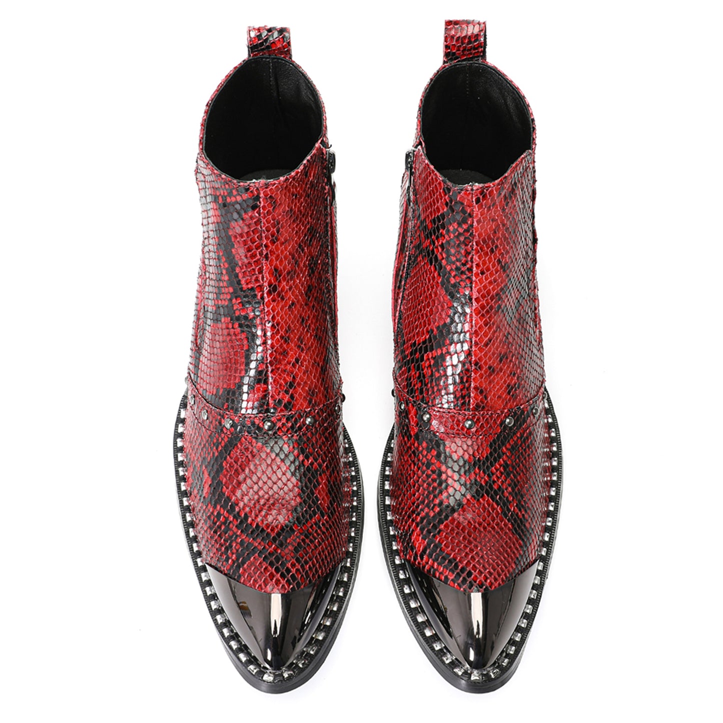 Mens Red Snake Embossed Leather Metal Toe Zip Ankle Western Boots