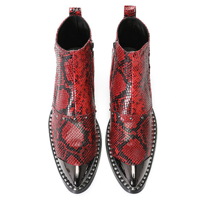 Mens Red Snake Embossed Leather Metal Toe Zip Ankle Western Boots