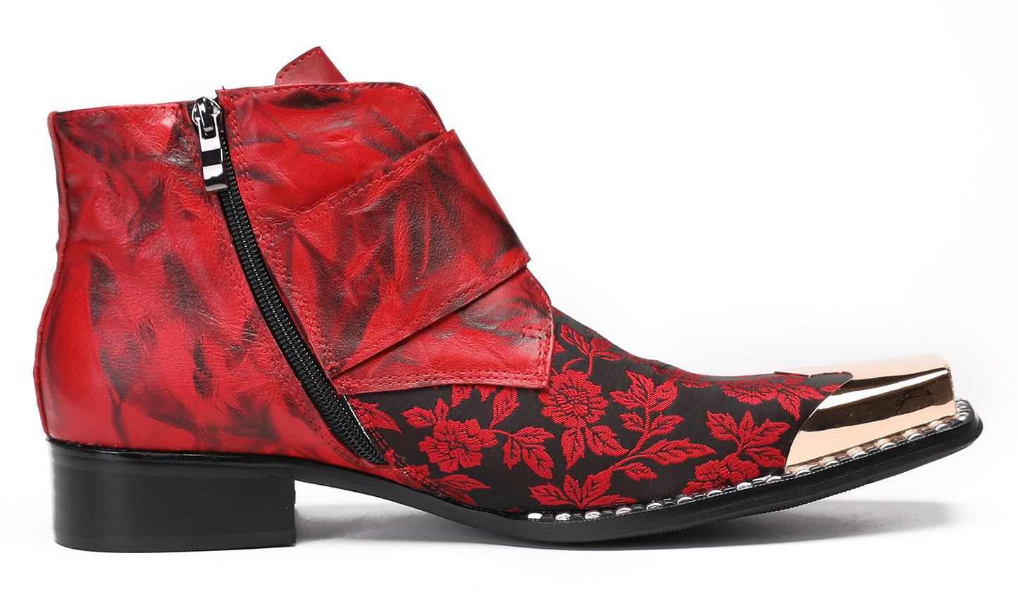 Mens Party Red Dress Metal Square Toe Floral Buckle Western Boots