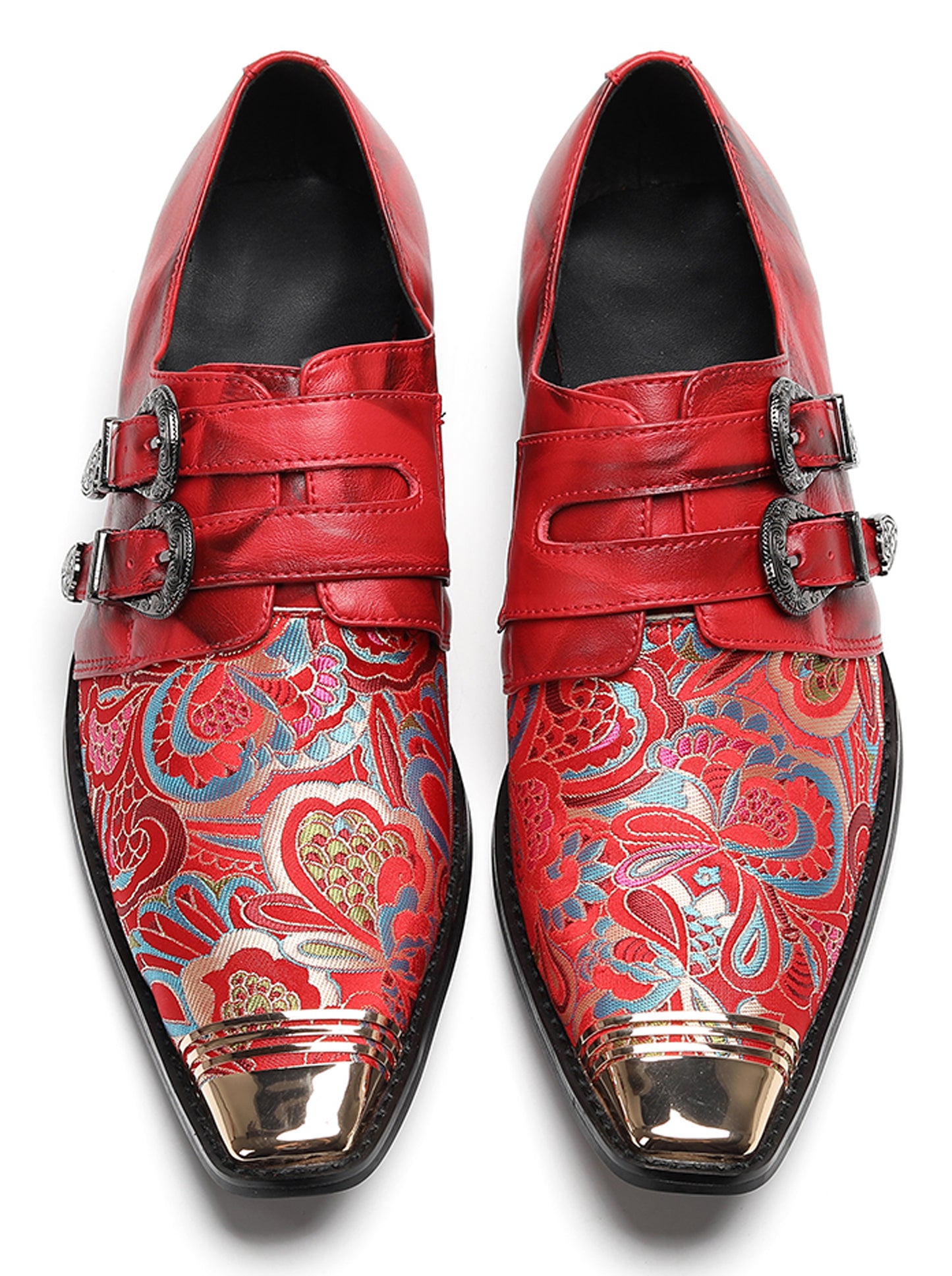 Mens Metal Toe Cap Floral Embroidered Monk Strap Buckle Western Loafers