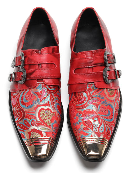 Mens Metal Toe Cap Floral Embroidered Monk Strap Buckle Western Loafers