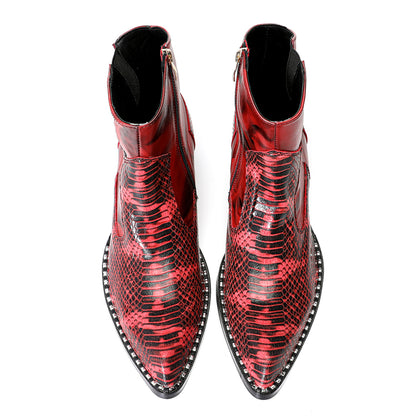 Mens Top-Grain Leather Snake-Embossed Cowboy Western Ankle Boots