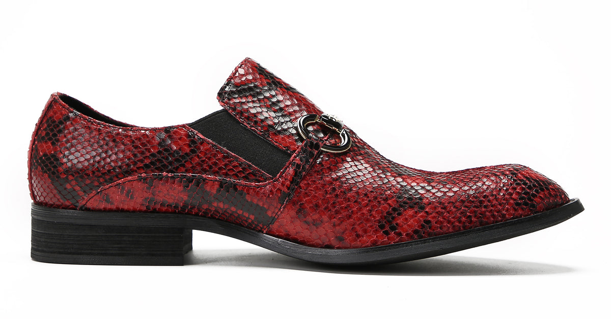 Mens Red Dress Crocodile Printed Gold Buckle Loafers
