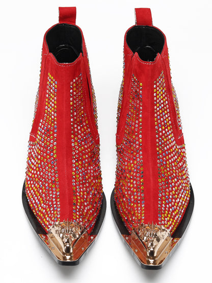 Mens Rhinestone Sparkling Suede Crystal Studded Western Chelsea Boots