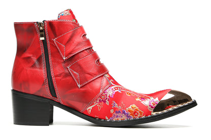 Mens Buckle Strap Floral Embroidery Cowboy Western Boots