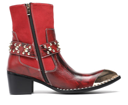 Mens Top-Grain Leather Studded Skull Buckle Punk Cowboy Western Boots