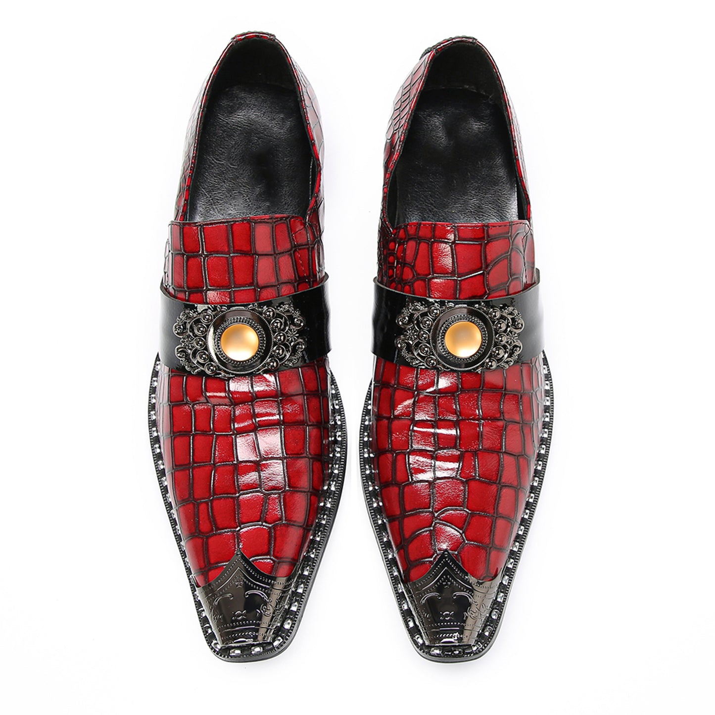 Mens Top-Grain Leather Red Crocodile Embossed Slip-On Western Loafers