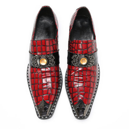 Mens Top-Grain Leather Red Crocodile Embossed Slip-On Western Loafers