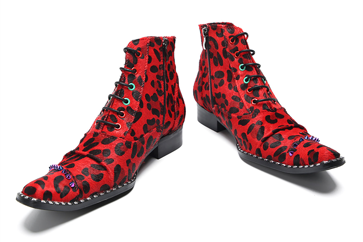 Mens Suede Red Leopard Prin Studded Ankle Western Oxfords Boots