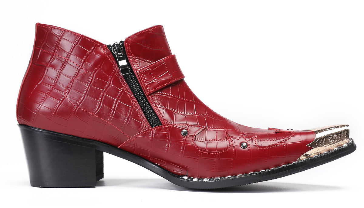 Mens Snakeskin Texture Metal Toe Double Zipper Ankle Western Boots