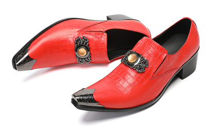 Mens Top-Grain Leather Handmade Croc-Embossed Red Western Loafers