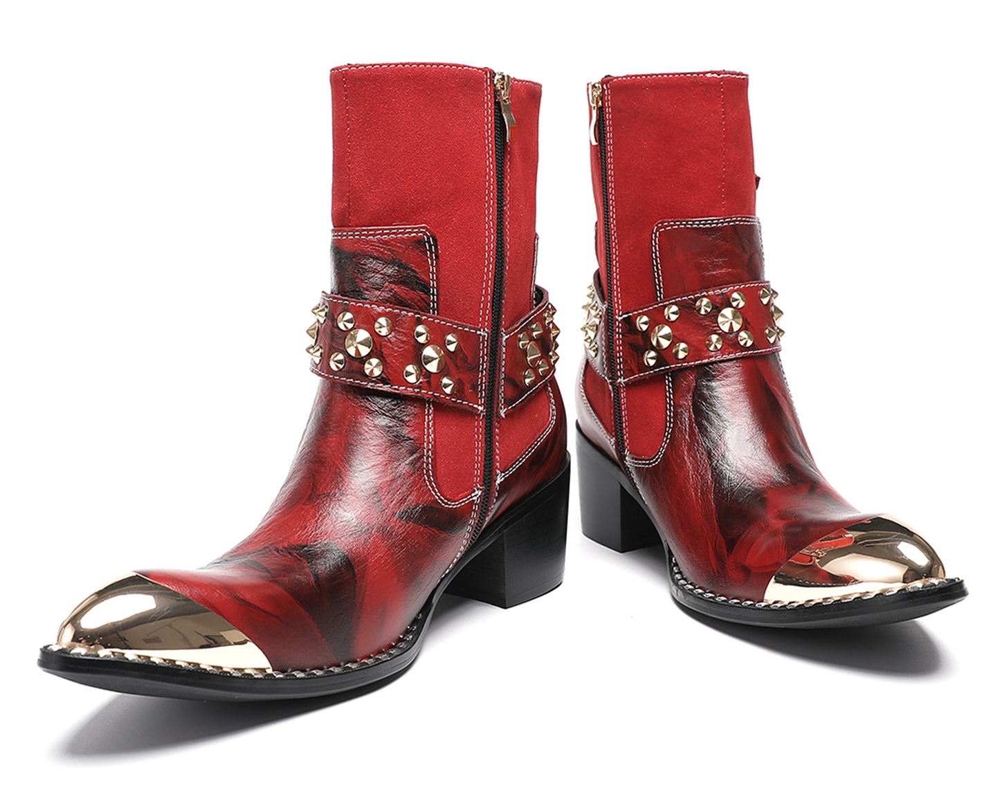 Mens Top-Grain Leather Studded Skull Buckle Punk Cowboy Western Boots