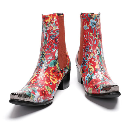Mens Handmade Floral Top-Grain Leather Chelsea Boots