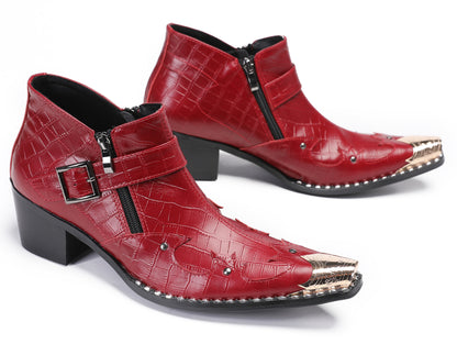 Mens Snakeskin Texture Metal Toe Double Zipper Ankle Western Boots