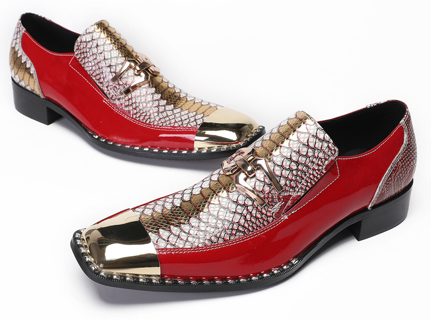 Mens Genuine Leather Sequin Metal Square Toe Western Loafers