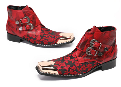 Mens Party Red Dress Metal Square Toe Floral Buckle Western Boots