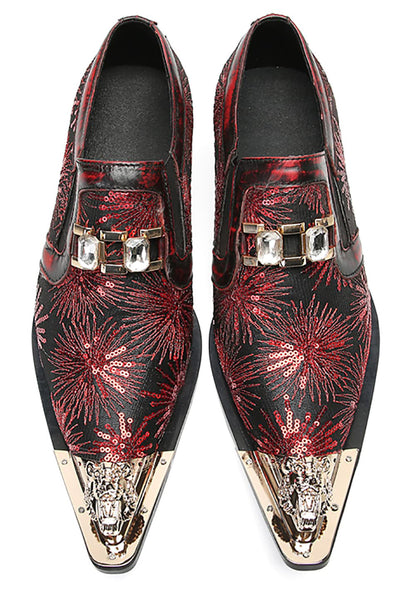 Mens Metal Tip Toe Sequins Fireworks White Diamond Chain Western Loafers