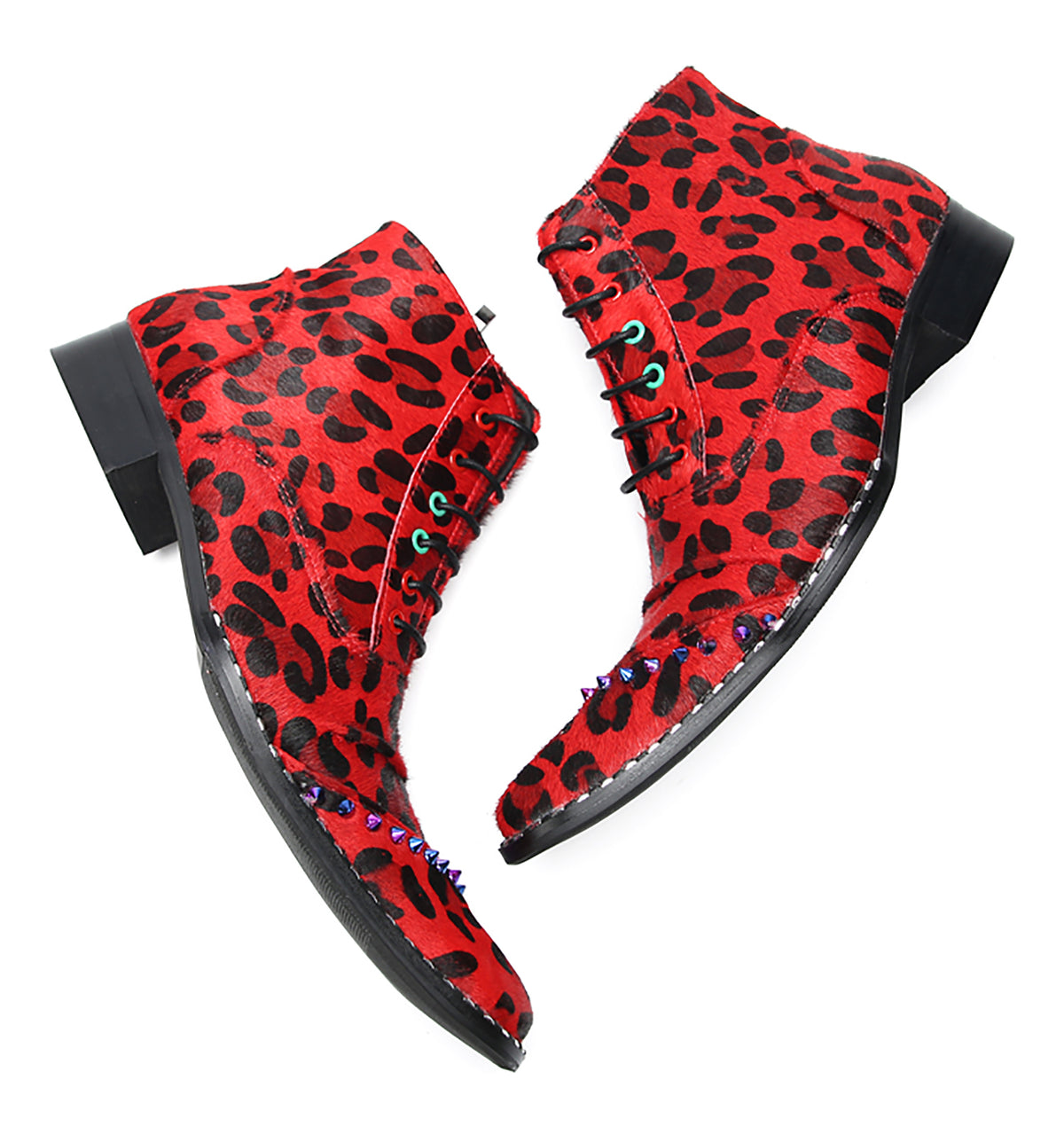 Mens Suede Red Leopard Prin Studded Ankle Western Oxfords Boots