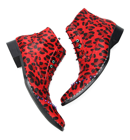 Mens Suede Red Leopard Prin Studded Ankle Western Oxfords Boots