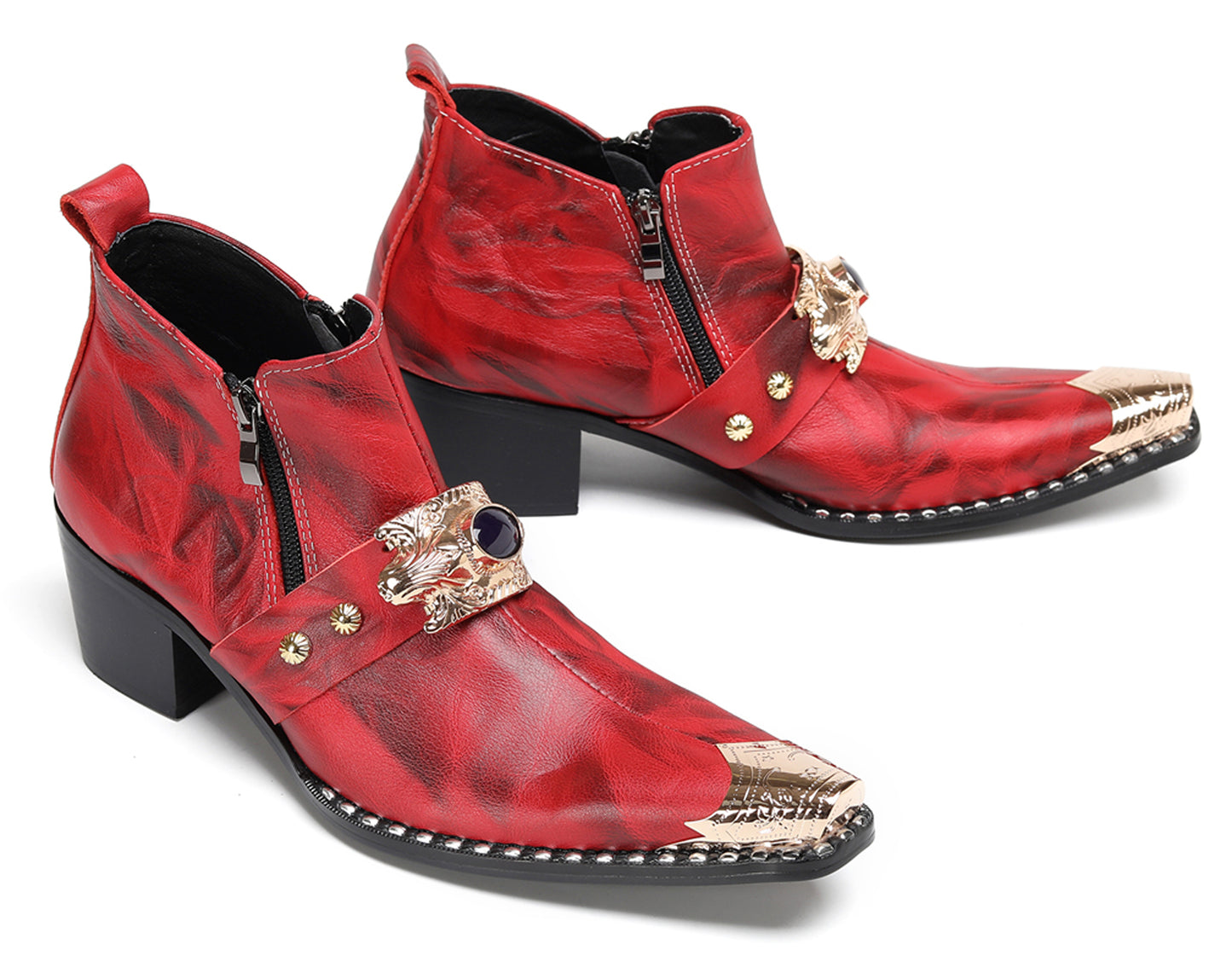 Mens Black Gemstone Chain Double Zipper Western Boots