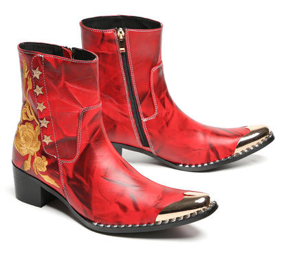 Mens Embroidered Rose Side Zip Metal Toe Cowboy Western Boots
