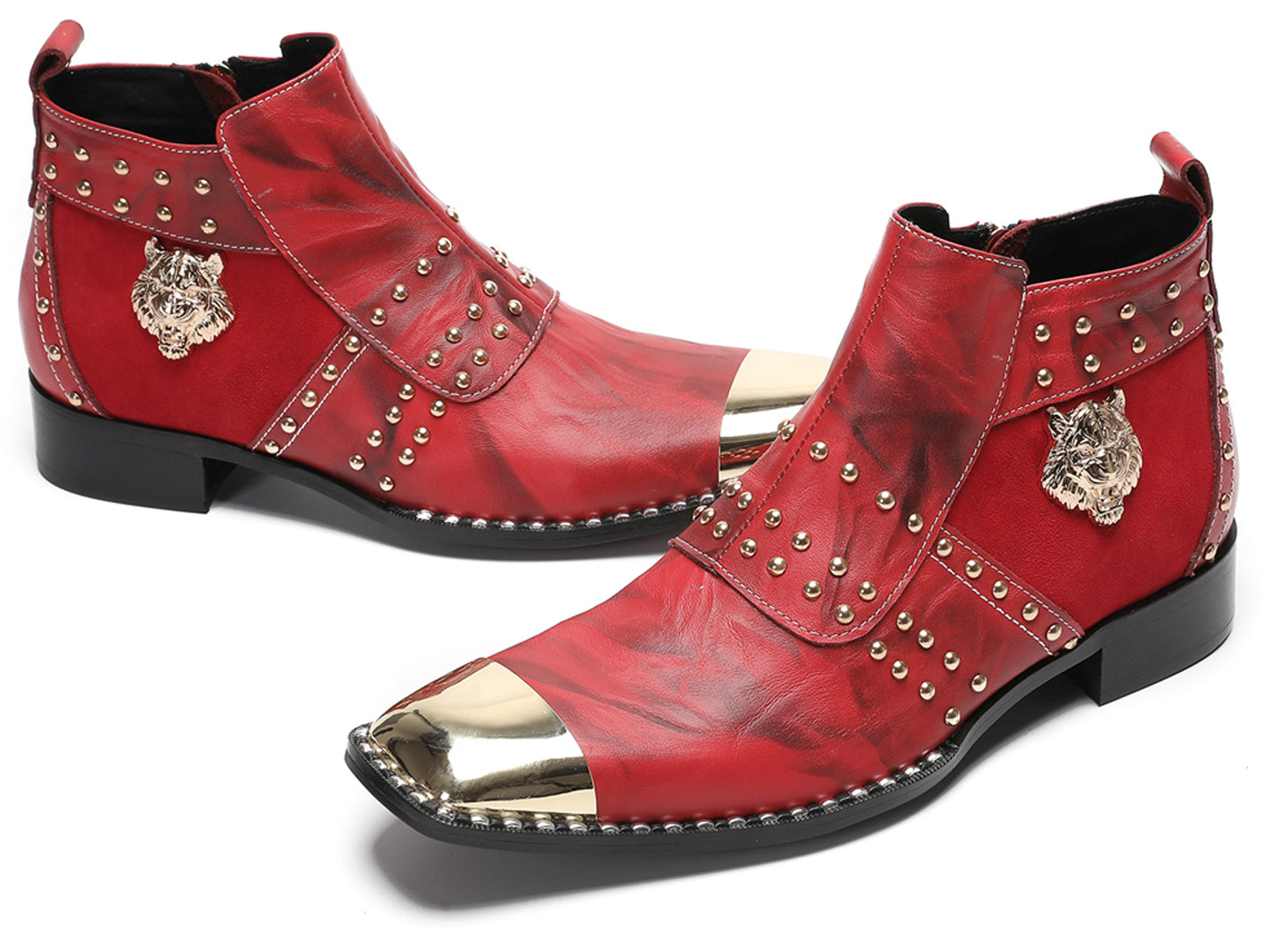 Mens Casual Dress Red Gold Tiger Head Metal Square Toe Western Boots