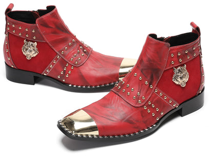 Mens Casual Dress Red Gold Tiger Head Metal Square Toe Western Boots
