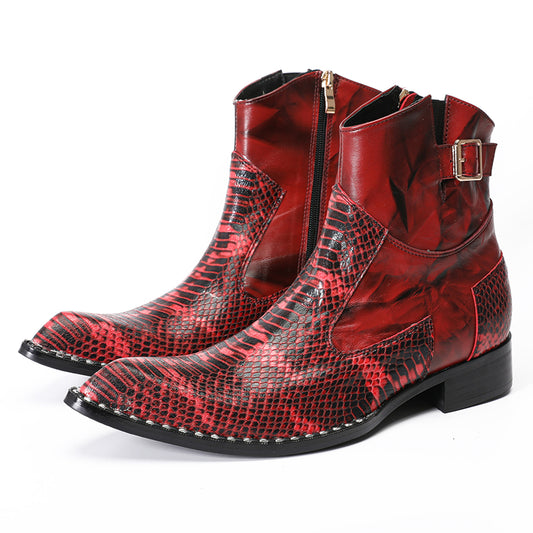 Mens Top-Grain Leather Snake-Embossed Cowboy Western Ankle Boots