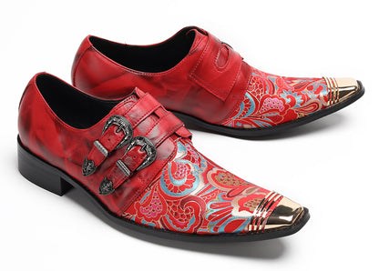 Mens Metal Toe Cap Floral Embroidered Monk Strap Buckle Western Loafers
