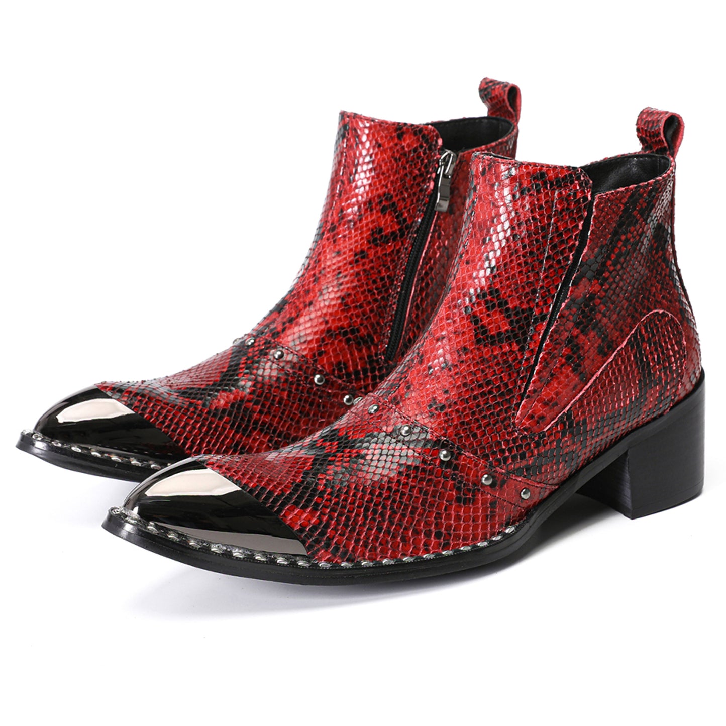 Mens Red Snake Embossed Leather Metal Toe Zip Ankle Western Boots