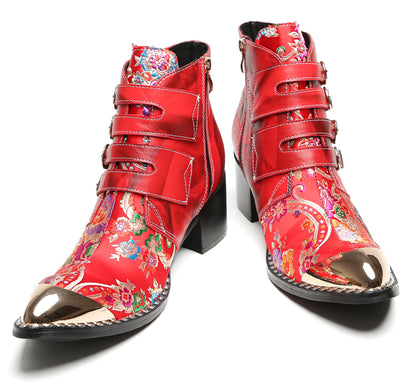 Mens Buckle Strap Floral Embroidery Cowboy Western Boots
