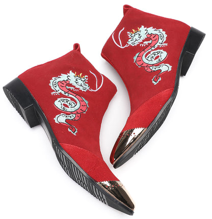 Mens Red Suede Dragon Embroidered Ankle Cowboy Western Boots