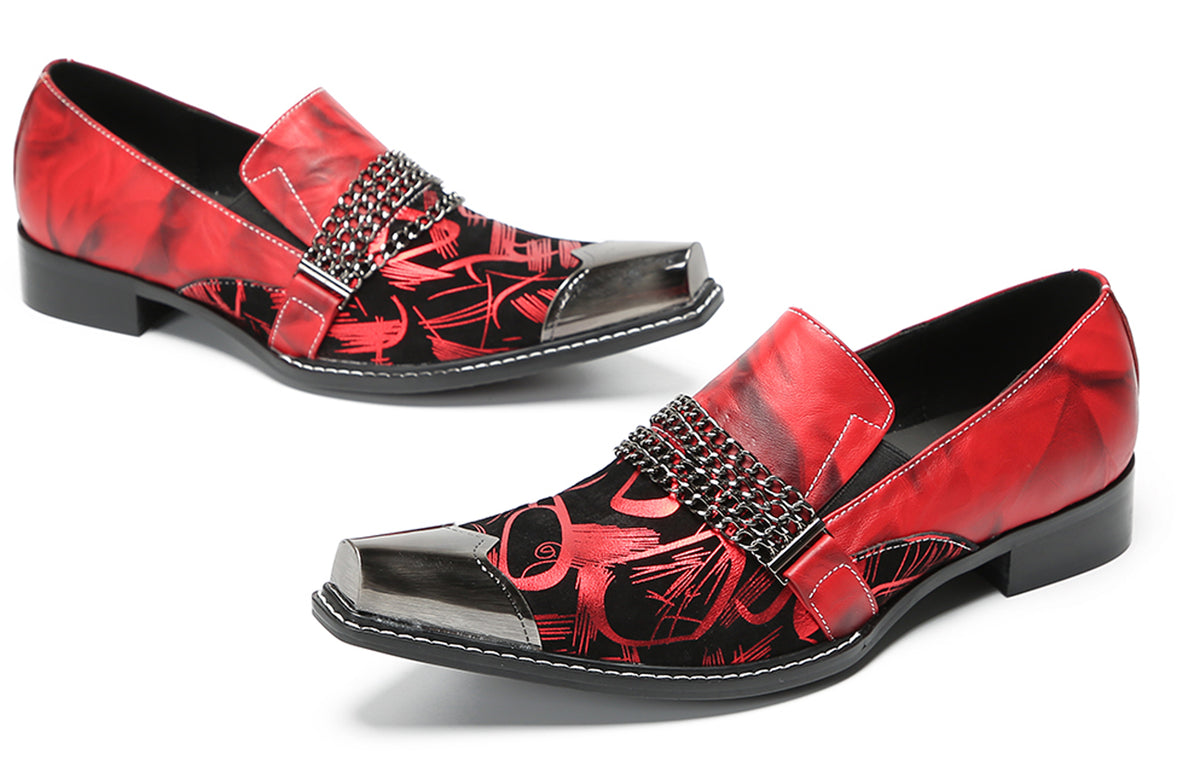 Mens Metal Pointed Cap Chain Decor Slip-On Dress Western Loafers
