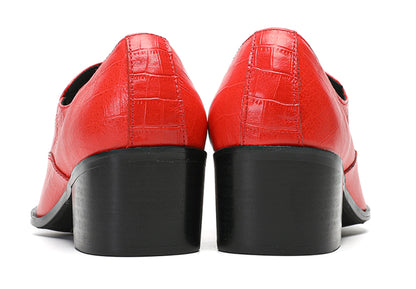 Mens Top-Grain Leather Handmade Croc-Embossed Red Western Loafers