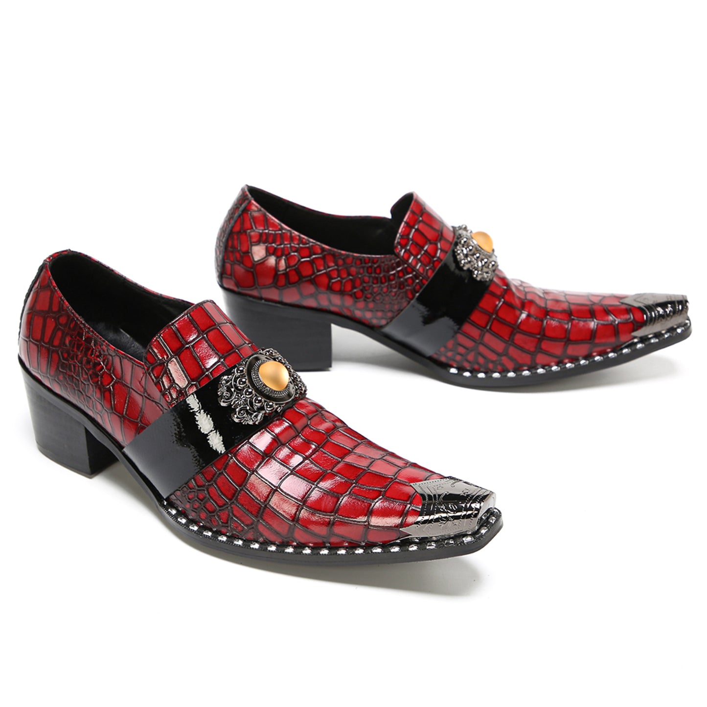 Mens Top-Grain Leather Red Crocodile Embossed Slip-On Western Loafers