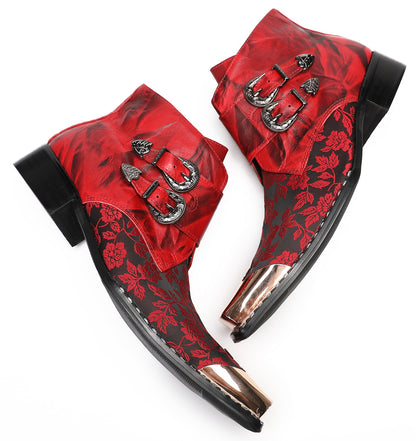 Mens Party Red Dress Metal Square Toe Floral Buckle Western Boots