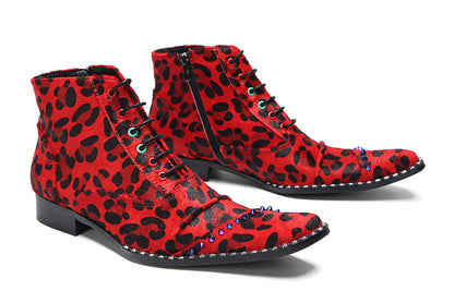 Mens Suede Red Leopard Prin Studded Ankle Western Oxfords Boots