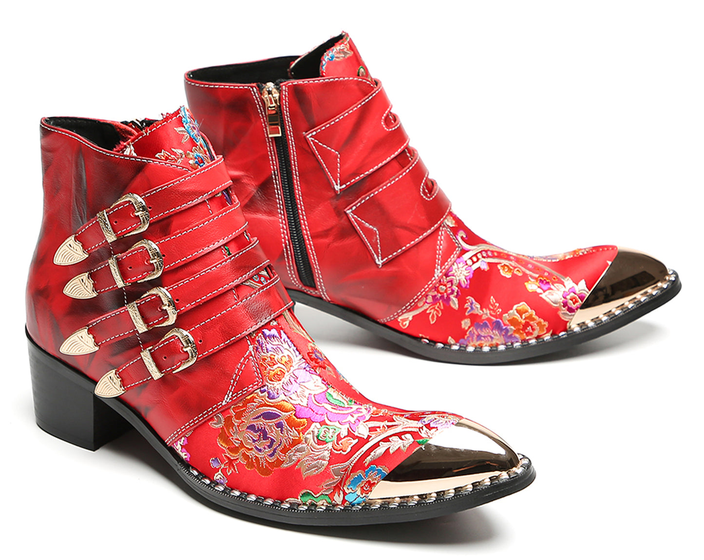 Mens Buckle Strap Floral Embroidery Cowboy Western Boots