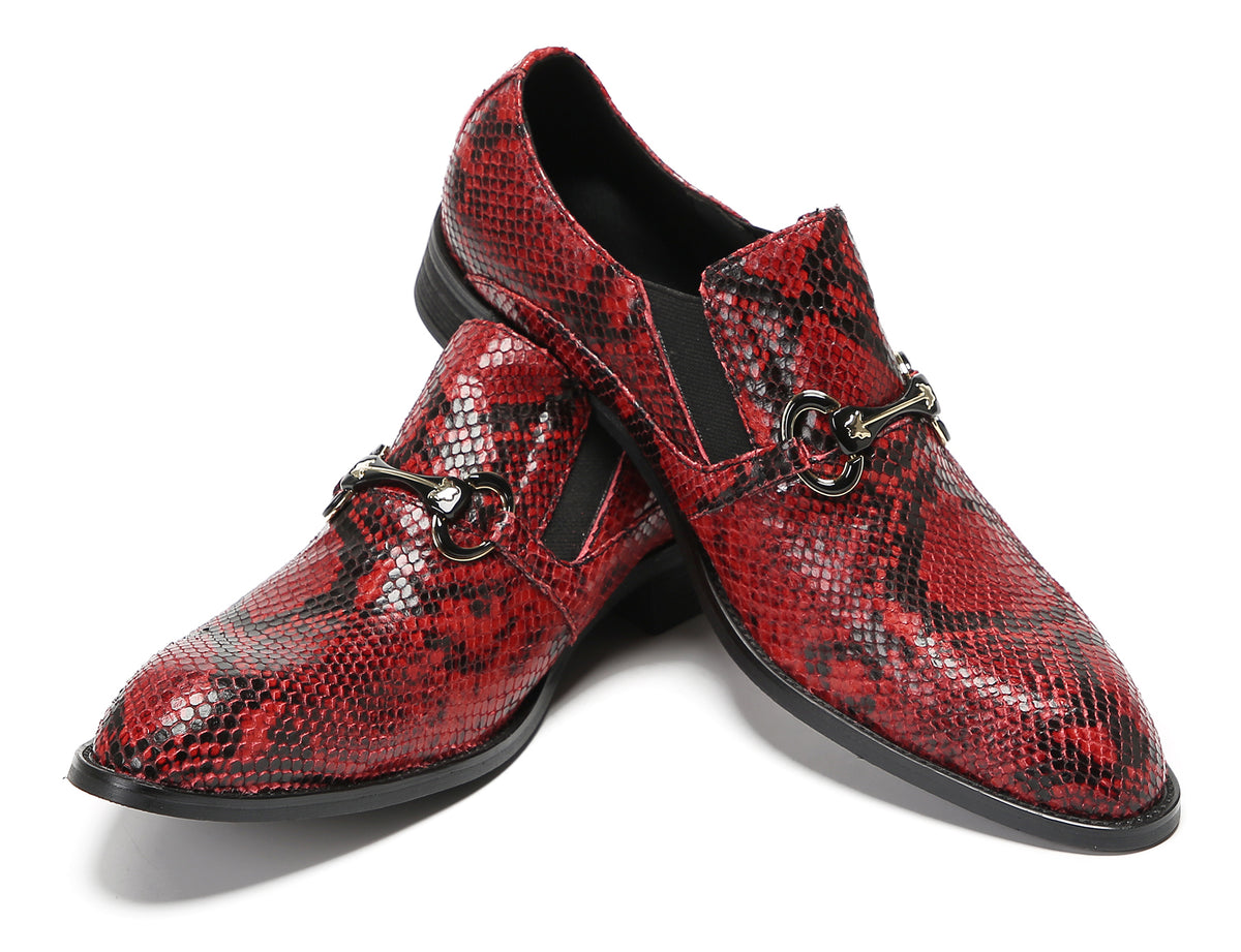 Mens Red Dress Crocodile Printed Gold Buckle Loafers