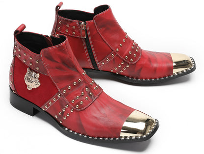 Mens Casual Dress Red Gold Tiger Head Metal Square Toe Western Boots