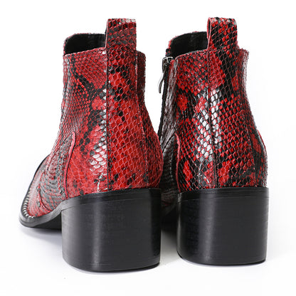 Mens Red Snake Embossed Leather Metal Toe Zip Ankle Western Boots